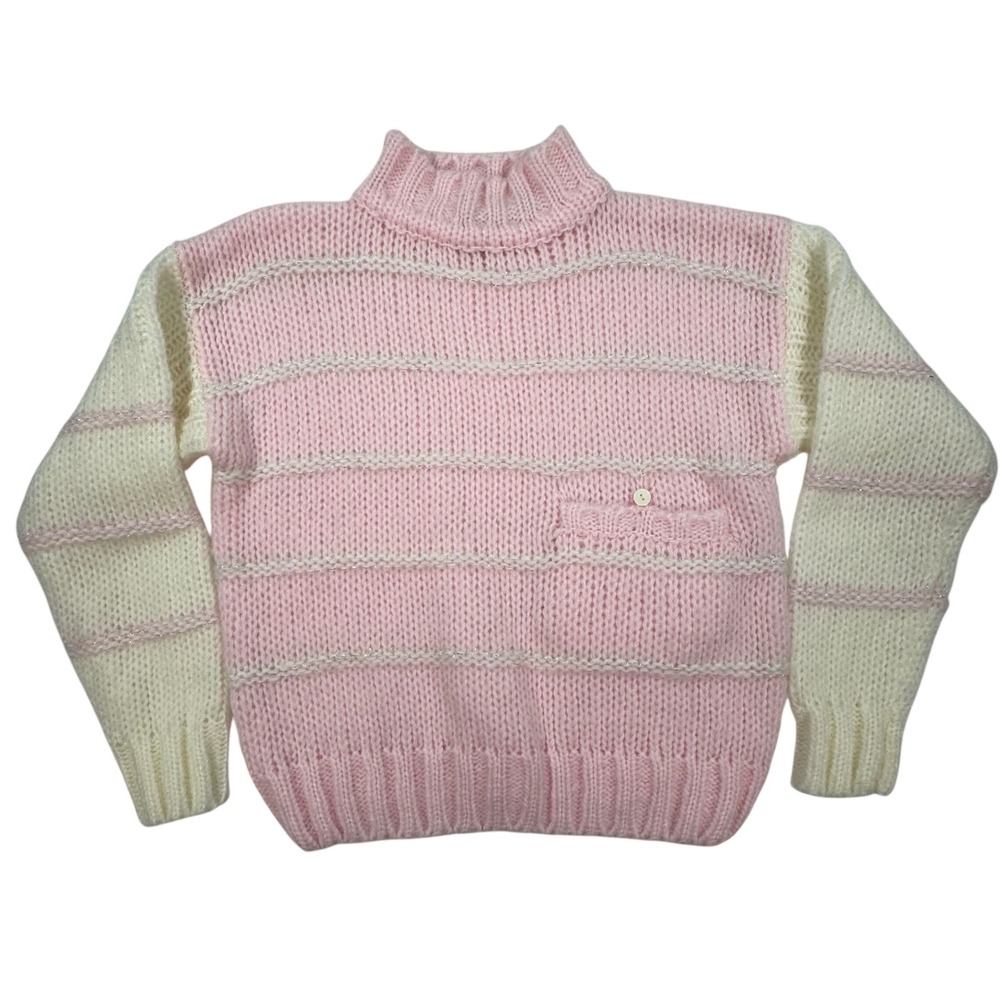Vintage Maison Gabriel Pink Cream Striped Mock Neck Knit Sweater Metallic M